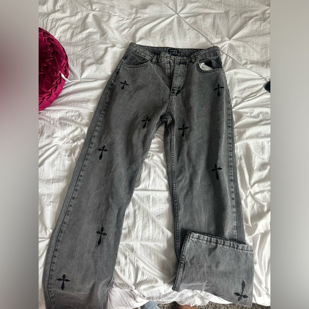 PrettyLittleThing Washed Grey Cross Print Straight Jeans